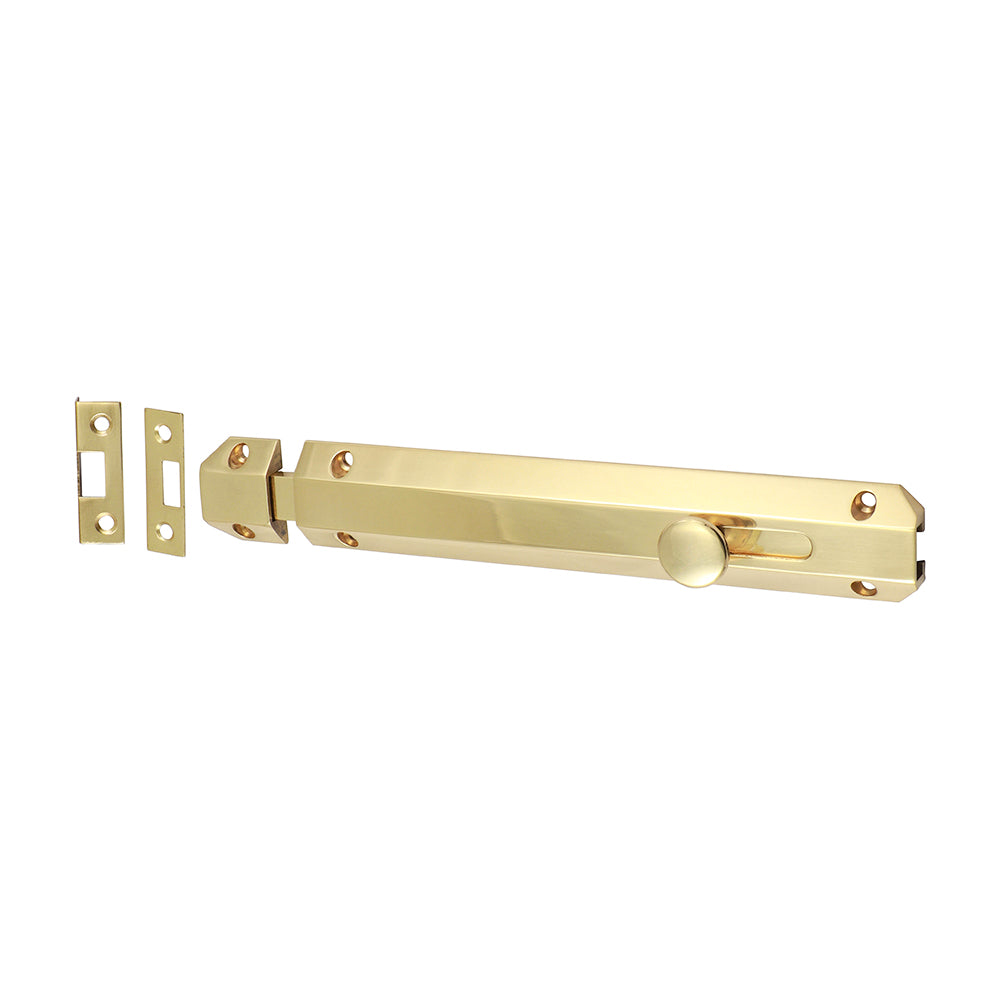 This is an image of Timco - Architectural Flat Section Bolt - Polished Brass 210 x 35mm (1 Each TIMpac) 200854P