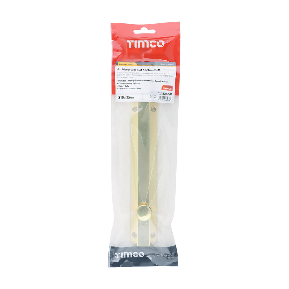 This is an image of Timco - Architectural Flat Section Bolt - Polished Brass 210 x 35mm (1 Each TIMpac) 200854P