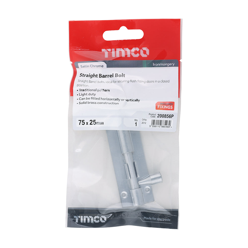 This is an image of Timco - Straight Barrel Bolt - Satin Chrome 75 x 25mm (1 Each TIMpac) 200856P