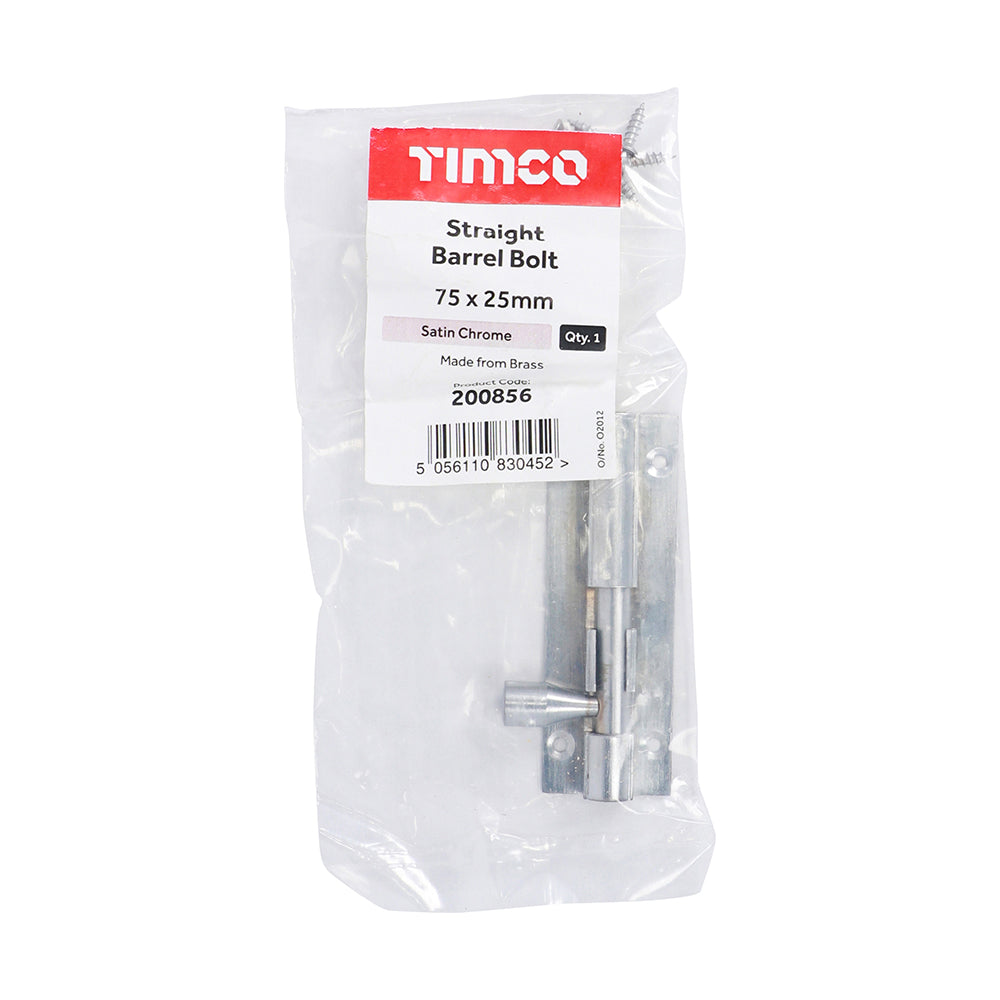 This is an image of Timco - Straight Barrel Bolt - Satin Chrome 75 x 25mm (1 Each Bag) 200856