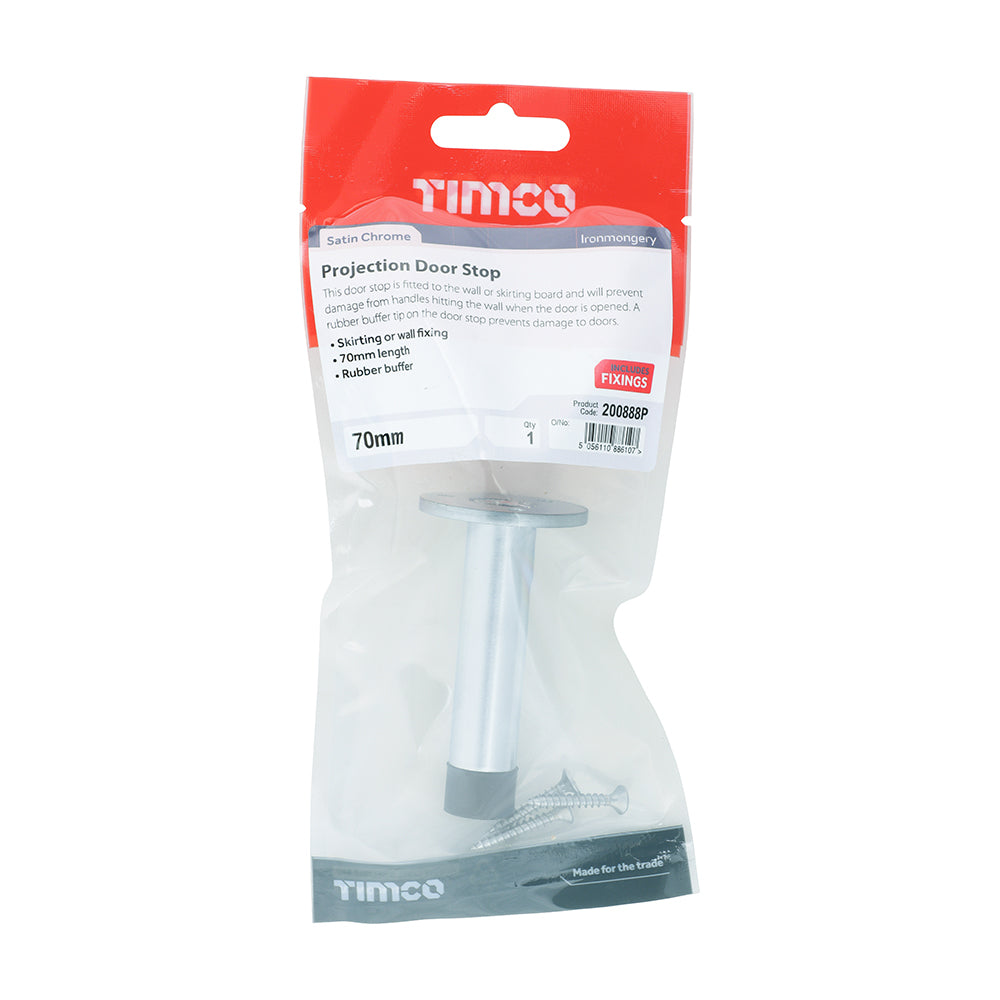 This is an image of Timco - Projection Door Stop - Satin Chrome 70mm (1 Each TIMpac) 200888P