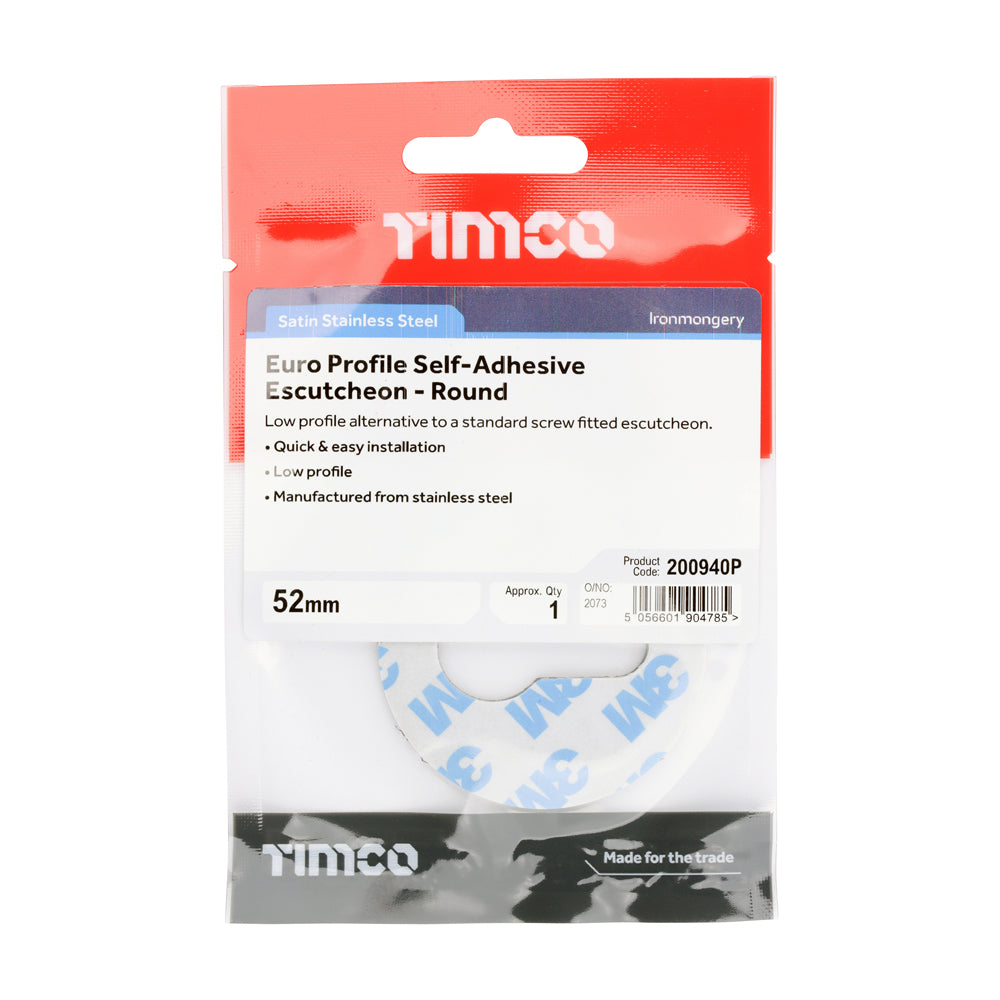 This is an image of Timco - Euro Profile Self-Adhesive Escutcheon - Round - Satin Stainless Steel 52mm (1 Each TIMpac) 200940P