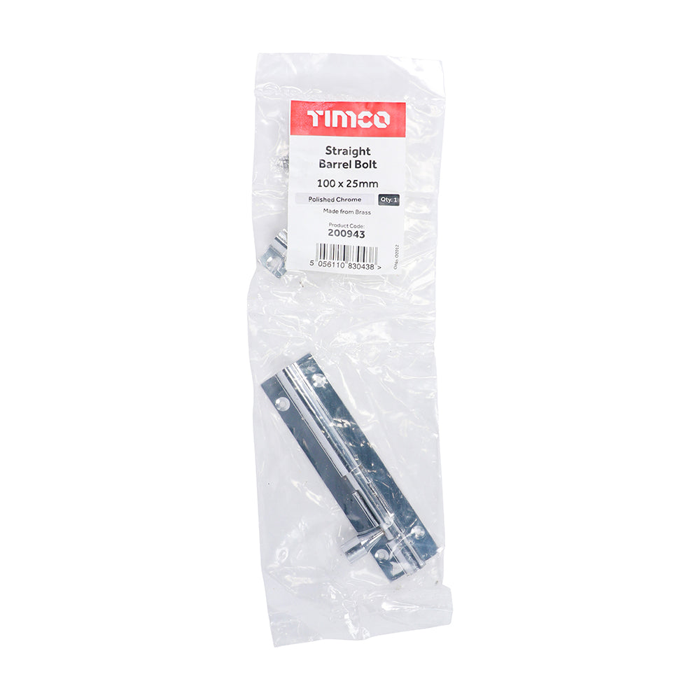 This is an image of Timco - Straight Barrel Bolt - Polished Chrome 100 x 25mm (1 Each Bag) 200943