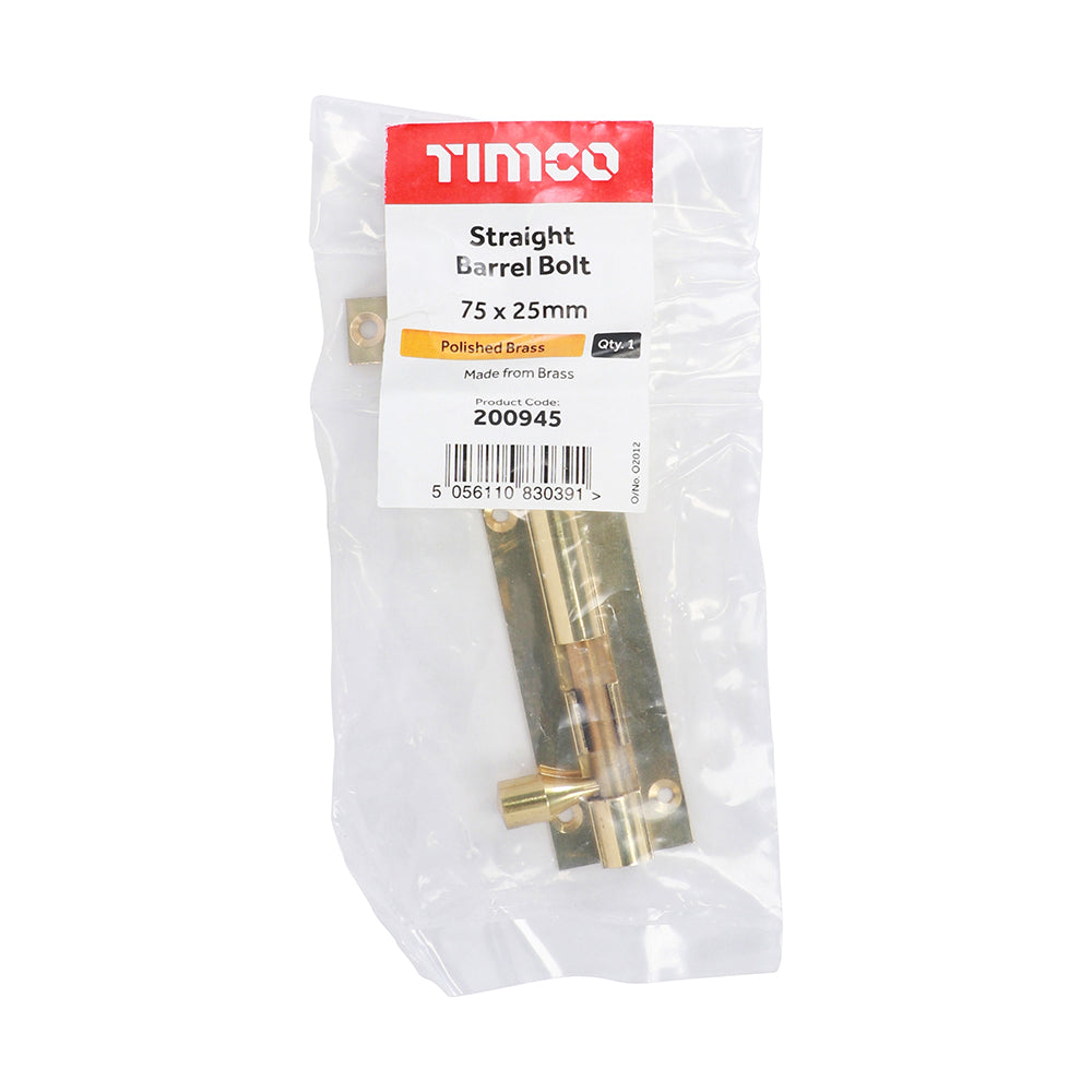 This is an image of Timco - Straight Barrel Bolt - Polished Brass 75 x 25mm (1 Each Bag) 200945