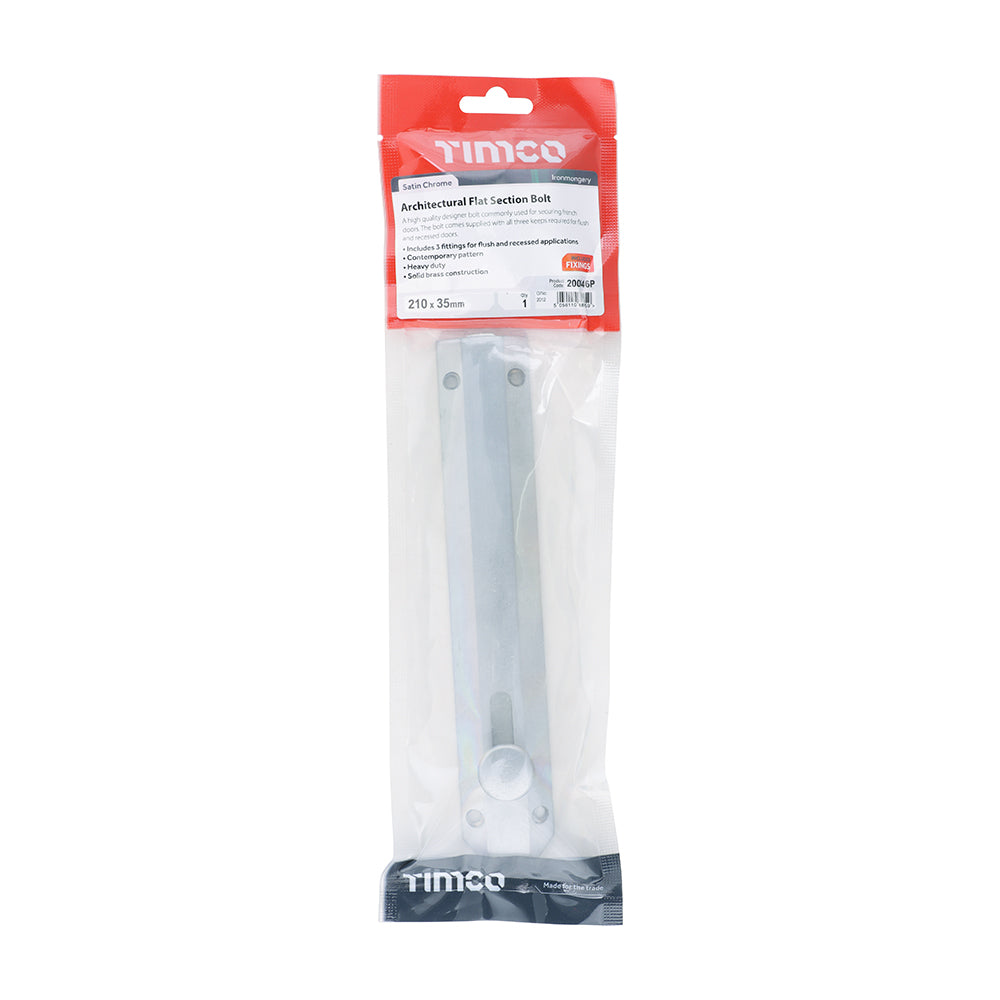 This is an image of Timco - Architectural Flat Section Bolt - Satin Chrome 210 x 35mm (1 Each TIMpac) 200946P