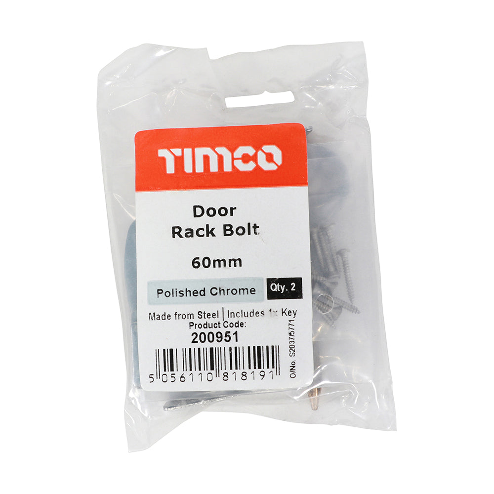 This is an image of Timco - Door Rack Bolts - Polished Chrome 60mm (2 Pieces Bag) 200951