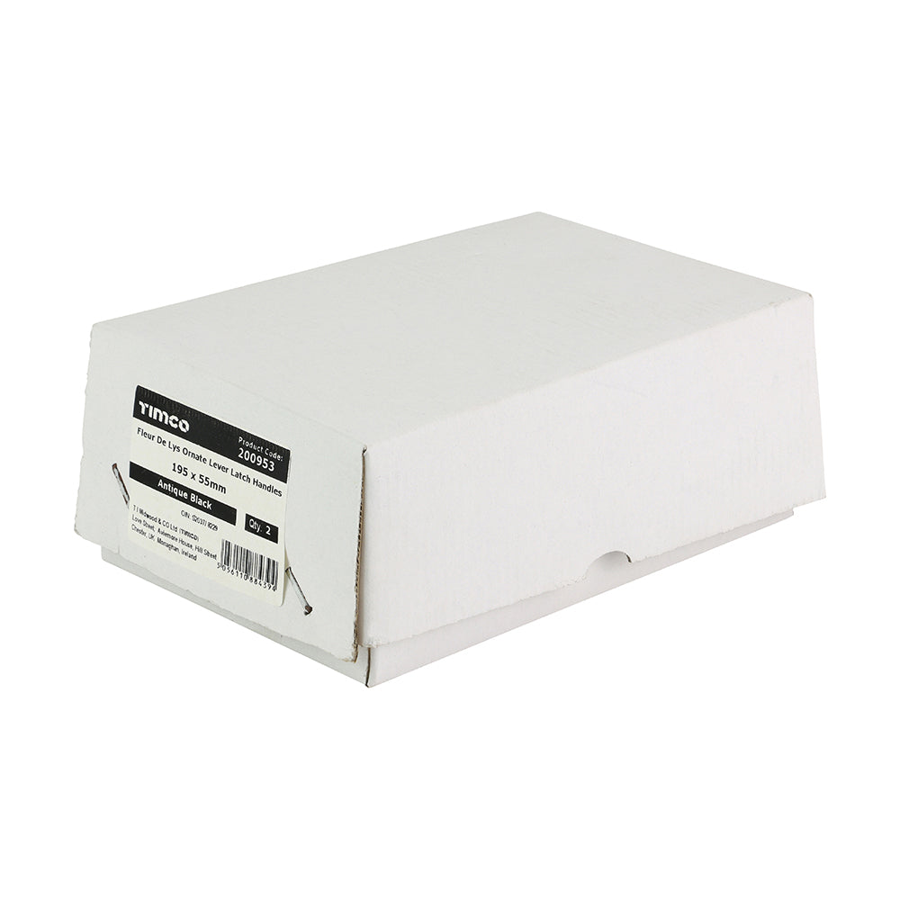 This is an image of Timco - Fleur De Lys Ornate Lever Latch Handles - Antique Black 195 x 55 (1 Pairs Box) 200953