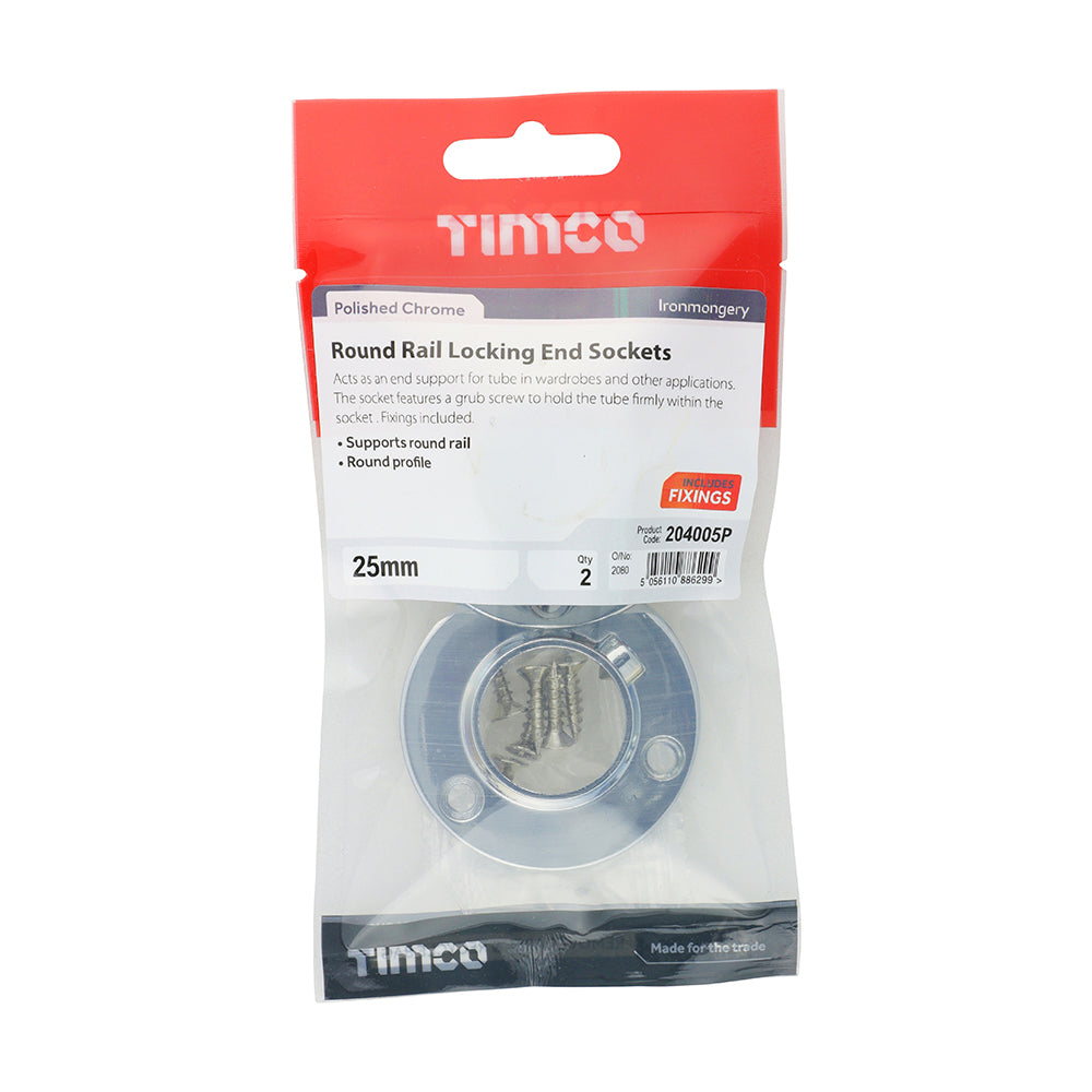 This is an image of Timco - Locking End Sockets - For Round Tube - Polished Chrome 25mm (2 Pieces TIMpac) 204005P