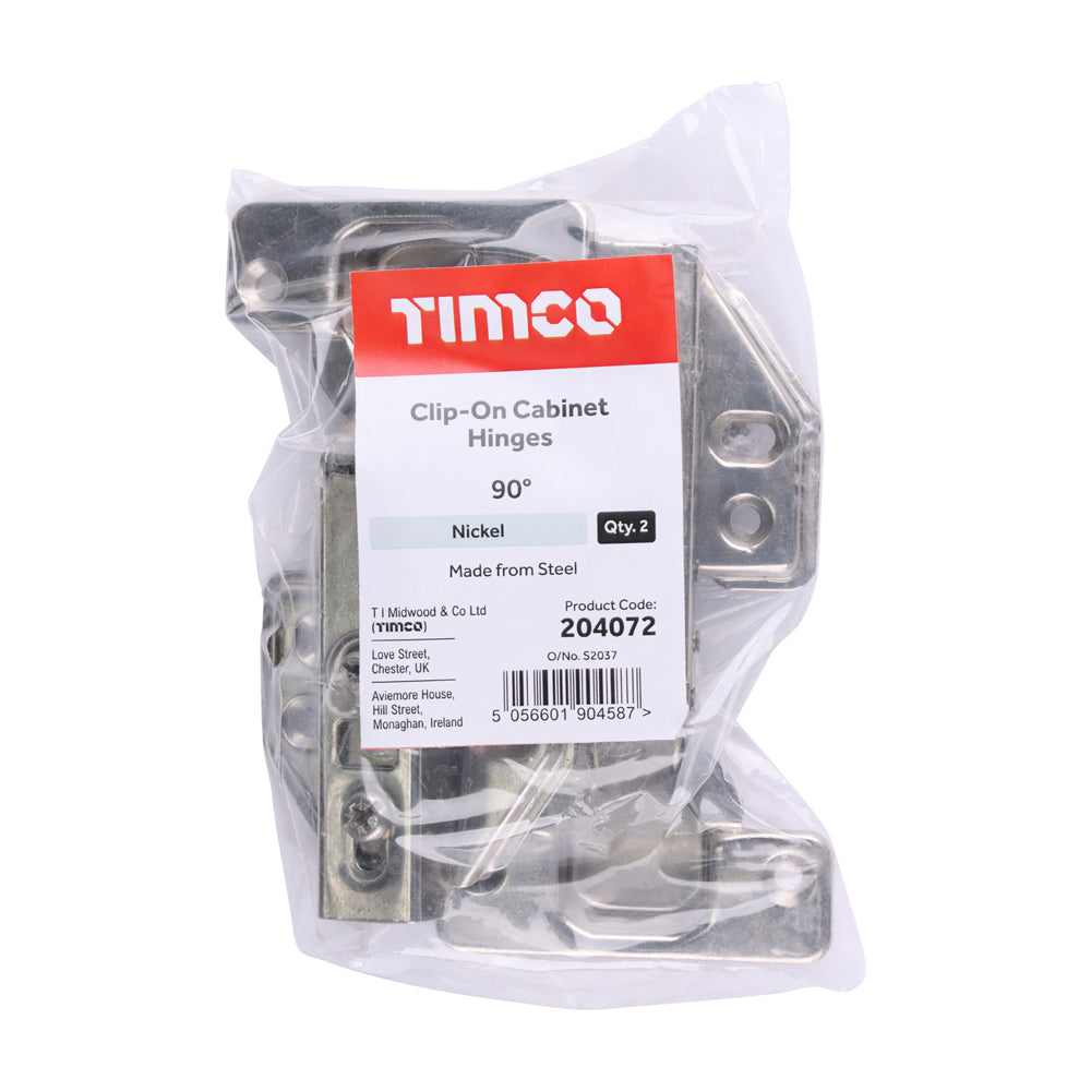 This is an image of Timco - Clip-On Cabinet Hinges - Nickel 90 Degree (1 Pairs Bag) 204072