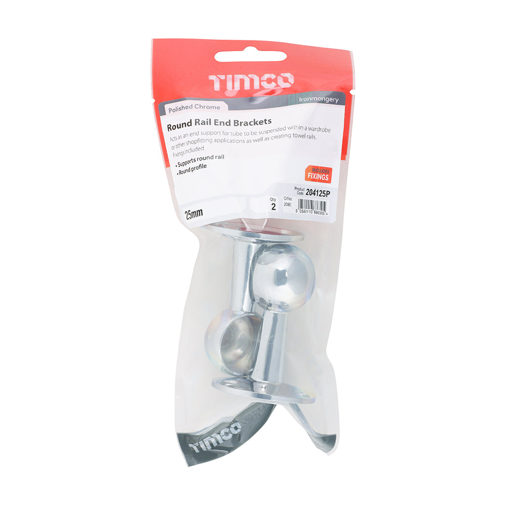 This is an image of Timco - End Brackets - For Round Tube - Polished Chrome 25mm (2 Pieces TIMpac) 204125P