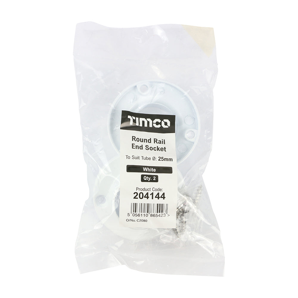 This is an image of Timco - End Socket - For Round Tube - White 25mm (2 Pieces Bag) 204144