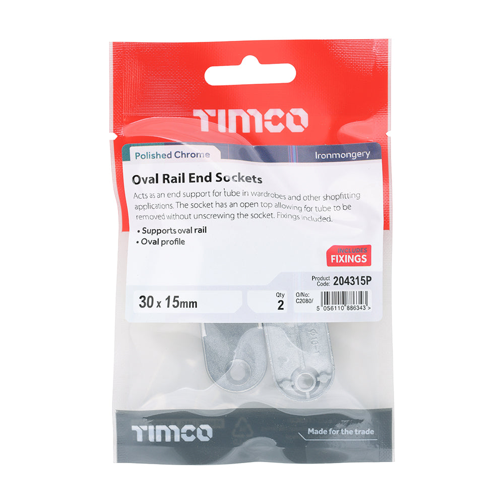 This is an image of Timco - End Sockets - For Oval Tube - Polished Chrome 30 x 15 (2 Pieces TIMpac) 204315P
