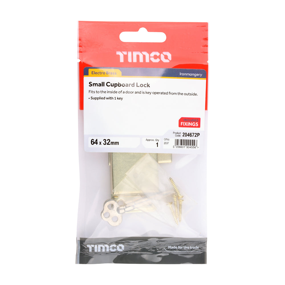 This is an image of Timco - Small Cupboard Lock - Electro Brass 64 x 32 (1 Each TIMpac) 204672P