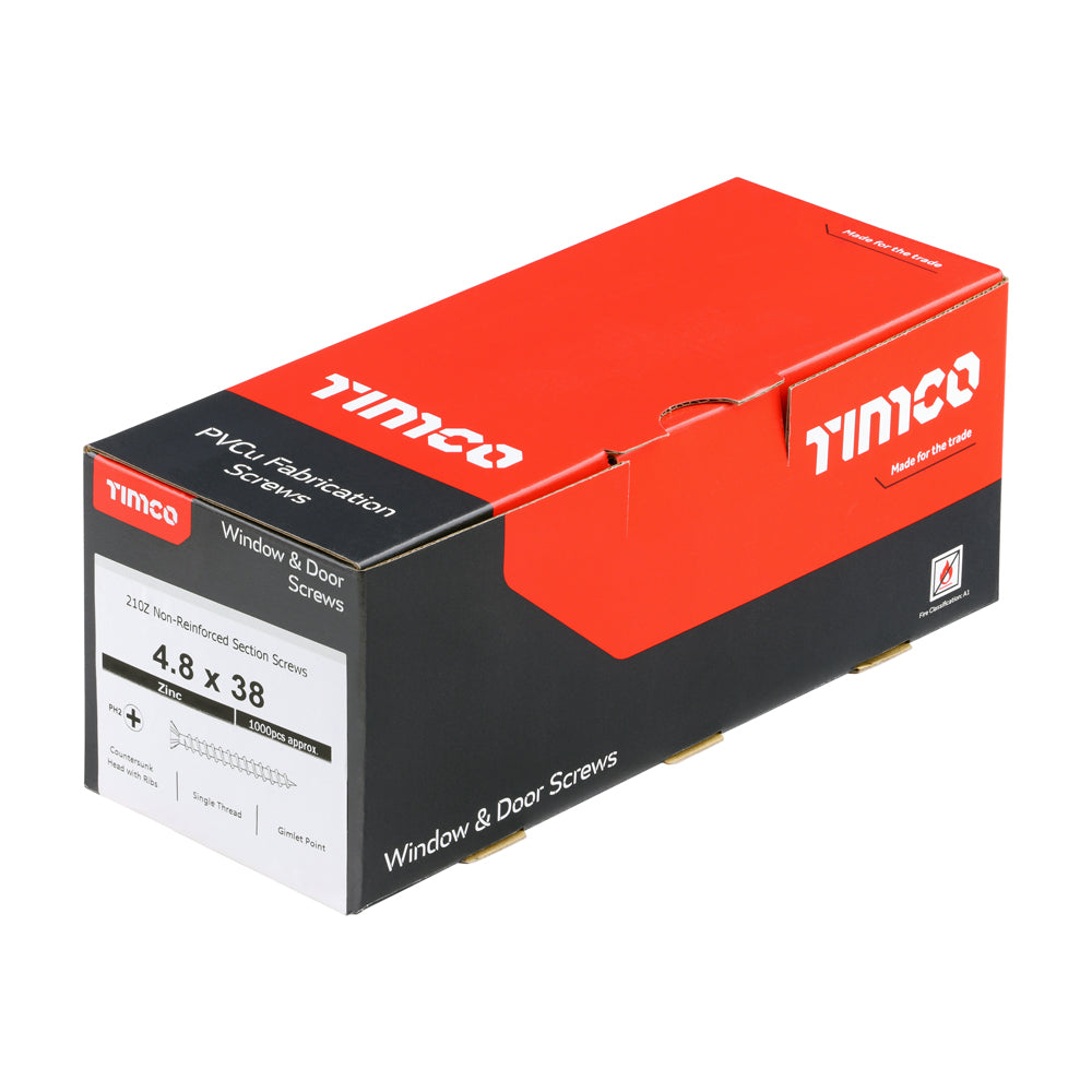 This is an image of Timco - Window Fabrication Screws - Countersunk with Ribs - PH - Single Thread - Gimlet Point - Zinc 4.8 x 38mm - (1000 PCS Box) 210Z