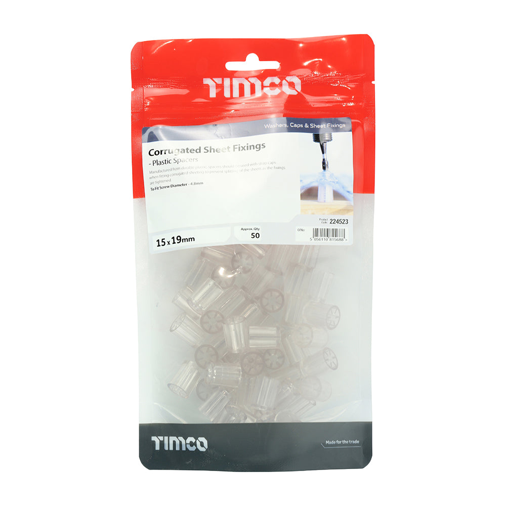 This is an image of Timco - Spacers - For Corrugated Sheet Fixings - Clear 15.0 x 19mm - (50 PCS TIMbag) 224523