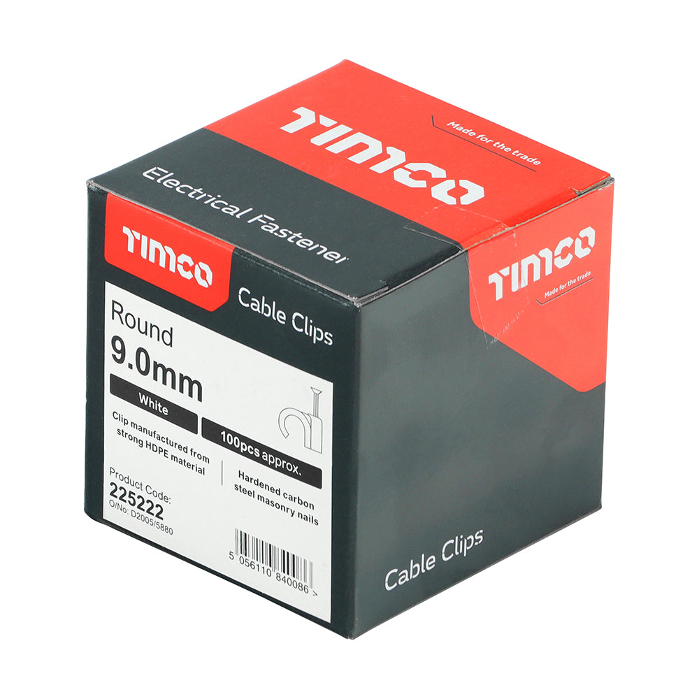 This is an image of Timco - Round Cable Clips - White To fit 9.0mm - (100 PCS Box) 225222