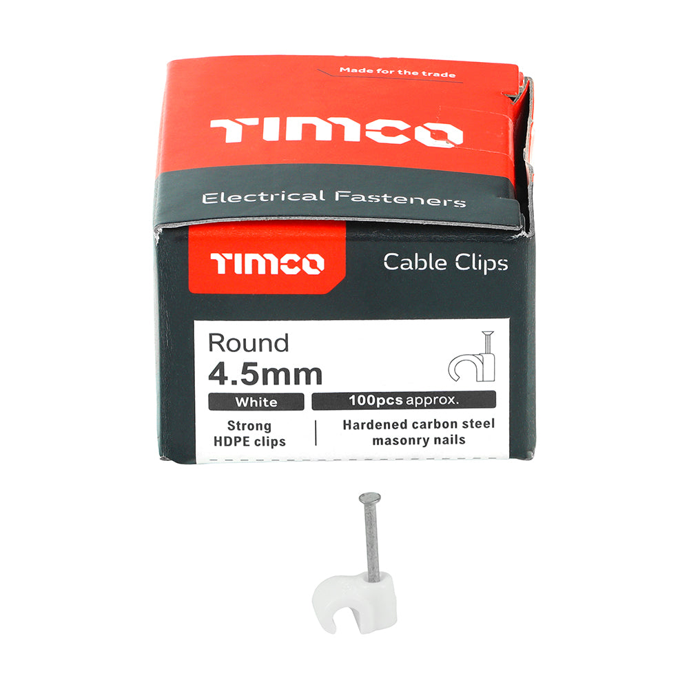 This is an image of Timco - Round Cable Clips - White To fit 4.5mm - (100 PCS Box) 225258