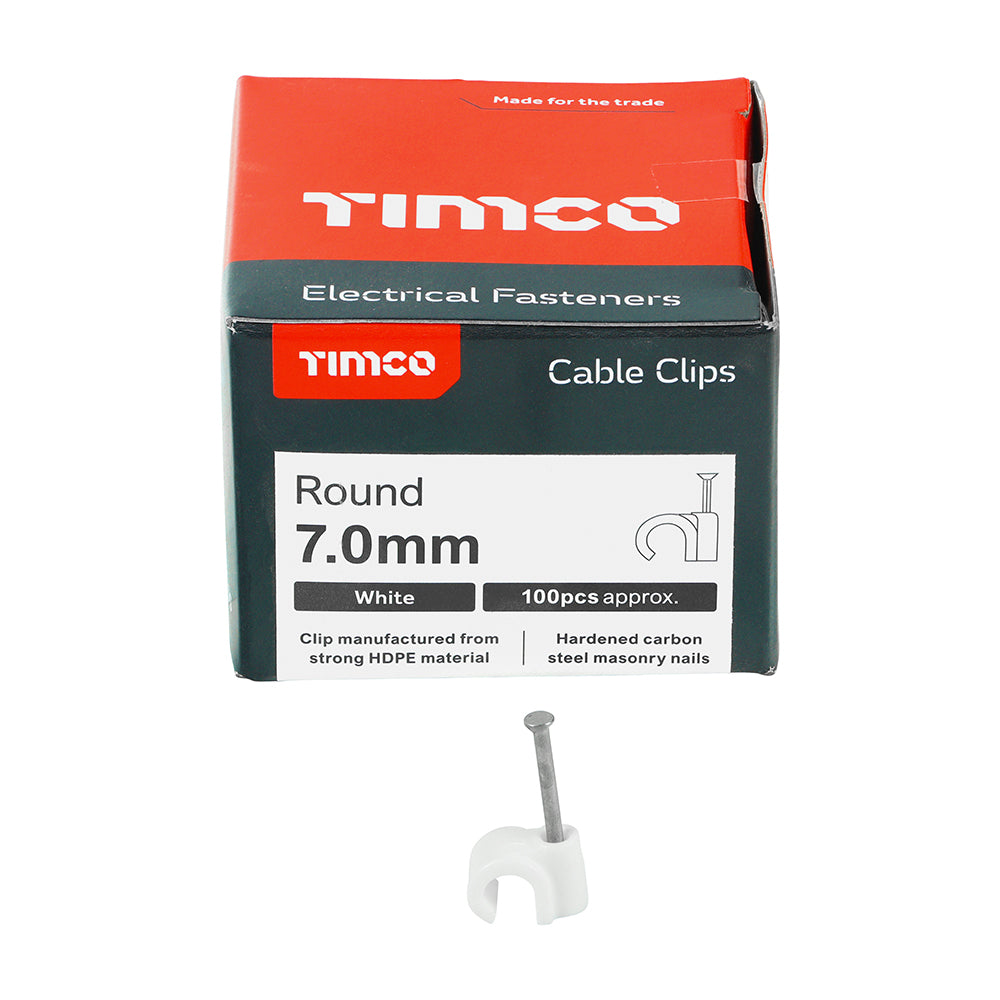 This is an image of Timco - Round Cable Clips - White To fit 7.0mm - (100 PCS Box) 225357