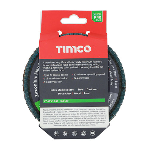 This is an image of Timco - Flap Disc - Zirconium - Type 29 Conical - P40 Grit 115 x 22.23 (1 Each Pack) 231020
