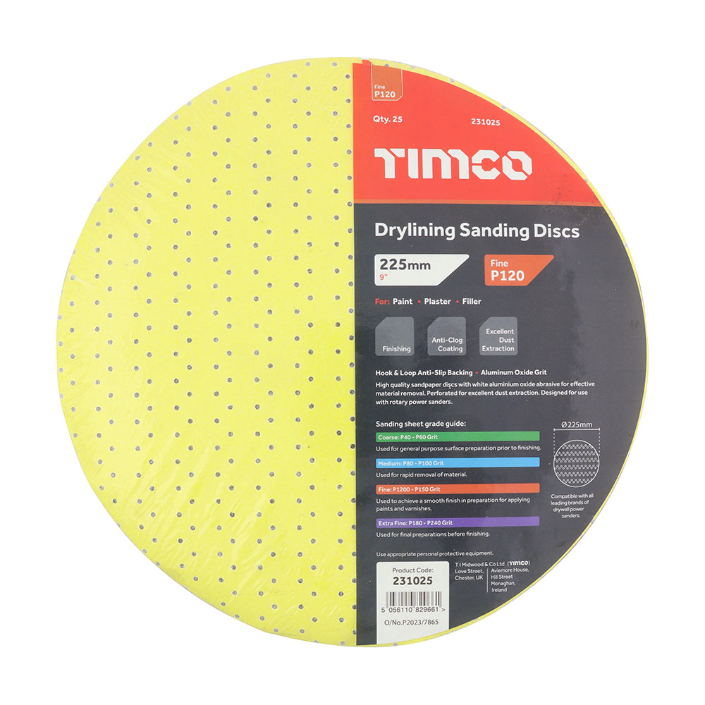 This is an image of Timco - Drylining Sanding Discs - 120 Grit - Yellow 225mm (25 Pieces Pack) 231025