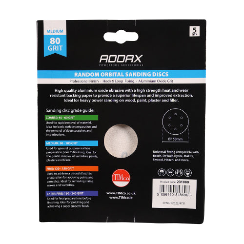 This is an image of Timco - Random Orbital Sanding Discs - 80 Grit - Red 150mm (5 Pieces Pack) 231080
