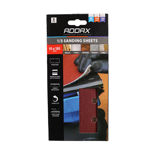 This is an image of Timco - 1/3 Sanding Sheets - Mixed - Red - Punched 93 x 185mm (80, 120 & 180) (5 Pieces Pack) 231112