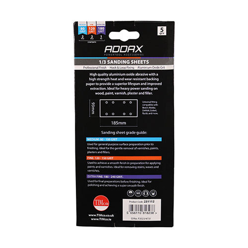 This is an image of Timco - 1/3 Sanding Sheets - Mixed - Red - Punched 93 x 185mm (80, 120 & 180) (5 Pieces Pack) 231112