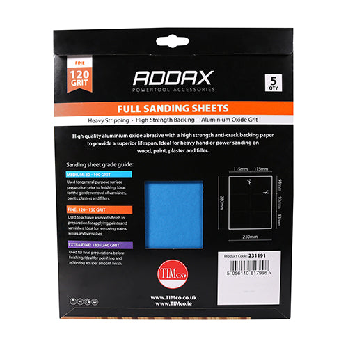 This is an image of Timco - Sanding Sheets - 120 Grit - Red 230 x 280mm (5 Pieces Pack) 231191