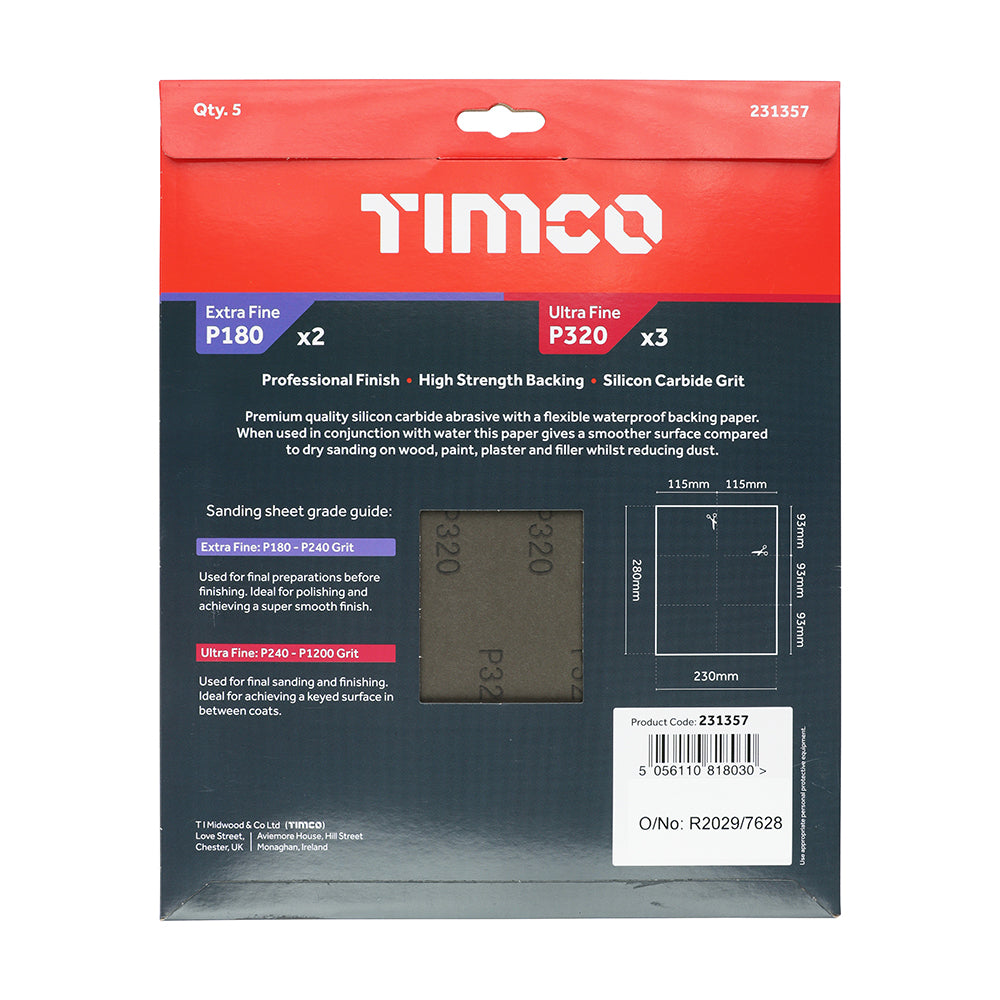 This is an image of Timco - Wet & Dry Sanding Sheets - Mixed - Black 230 x 280mm (180/320) (5 Pieces Pack) 231357