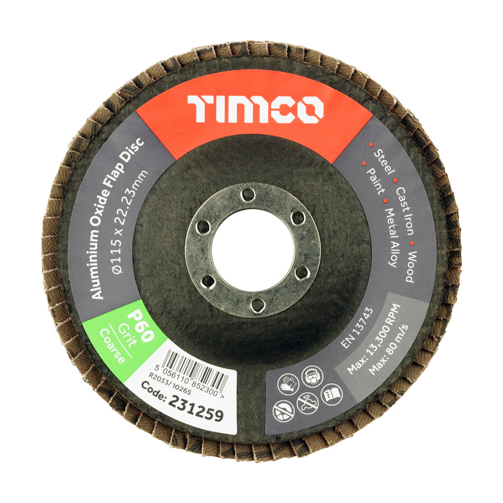 This is an image of Timco - Set of Flap Discs - Aluminium Oxide - Type 29 Conical - 60 Grit 115 x 22.23 (10 Pieces Pack) 231370