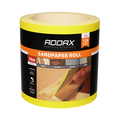 This is an image of Timco - Sandpaper Roll - 120 Grit - Yellow 115mm x 10m (1 Each Roll) 231405