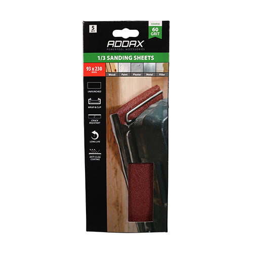 This is an image of Timco - 1/3 Sanding Sheets - 60 Grit - Red - Unpunched 93 x 230mm (5 Pieces Pack) 231467