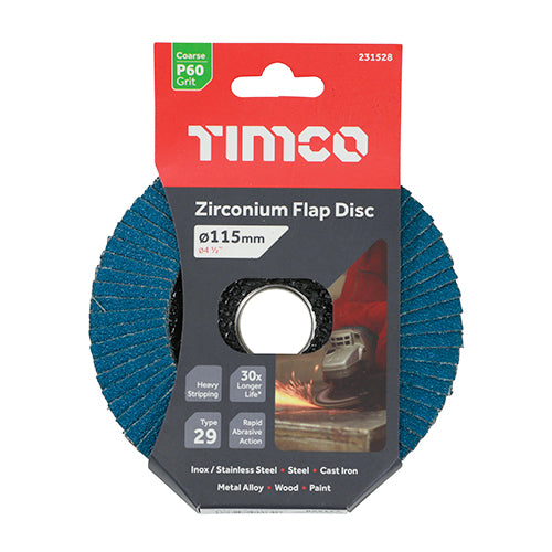 This is an image of Timco - Flap Disc - Zirconium - Type 29 Conical - P60 Grit 115 x 22.23 (1 Each Pack) 231528