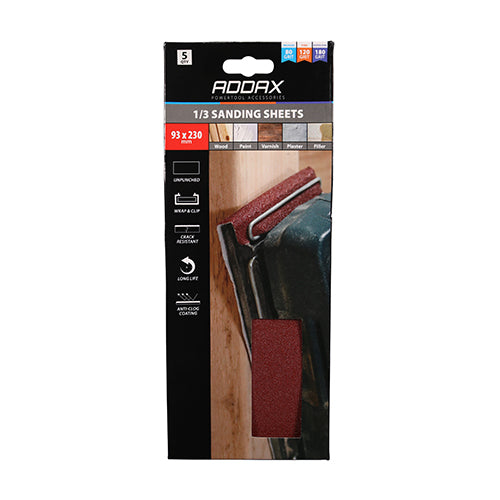 This is an image of Timco - 1/3 Sanding Sheets - Mixed - Red - Unpunched 93 x 230mm (80/120/180) (5 Pieces Pack) 231599