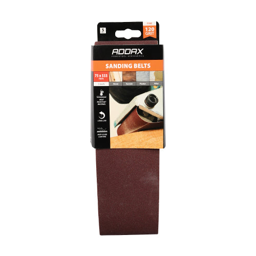 This is an image of Timco - Sanding Belts - 120 Grit - Red 75 x 533mm (5 Pieces Pack) 231645