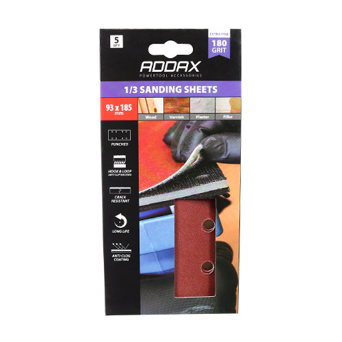 This is an image of Timco - 1/3 Sanding Sheets - 180 Grit - Red - Punched 93 x 185mm (5 Pieces Pack) 231666