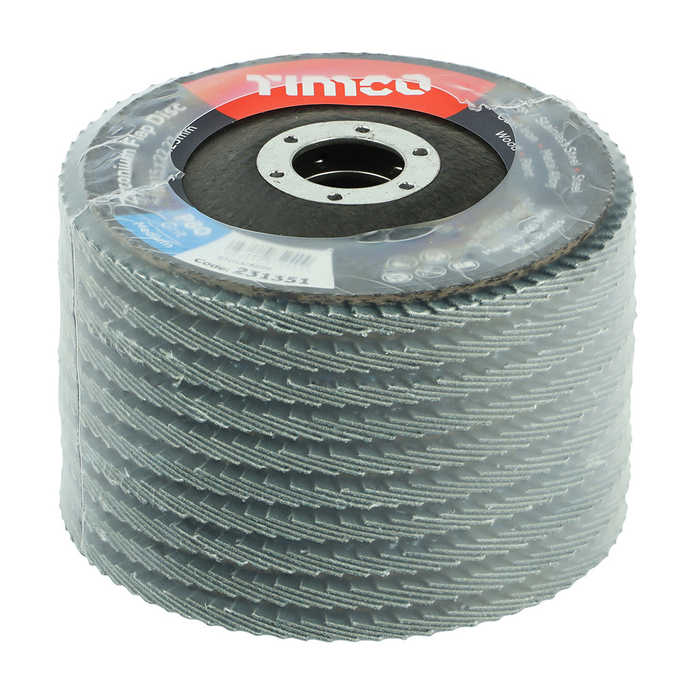 This is an image of Timco - Set of Flap Discs - Zirconium - Type 29 Conical - P80 Grit 115 x 22.23 (10 Pieces Box) 231862