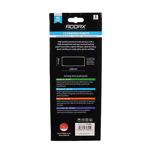 This is an image of Timco - 1/3 Sanding Sheets - 80 Grit - Red - Unpunched 93 x 230mm (5 Pieces Pack) 231900