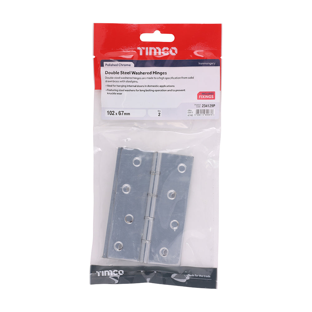 This is an image of Timco - Double Steel Washered Butt Hinge - Solid Brass - Polished Chrome 102 x 67 (1 Pairs TIMbag) 234129P