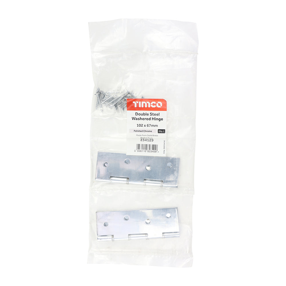 This is an image of Timco - Double Steel Washered Butt Hinge - Solid Brass - Polished Chrome 102 x 67 (1 Pairs Bag) 234129