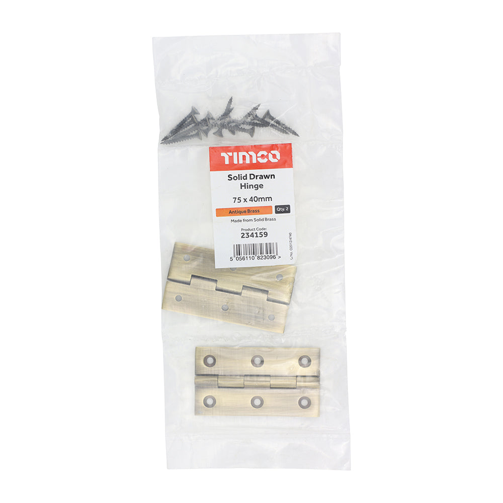 This is an image of Timco - Solid Drawn Hinge - Solid Brass - Antique Brass 75 x 40 (1 Pairs Bag) 234159