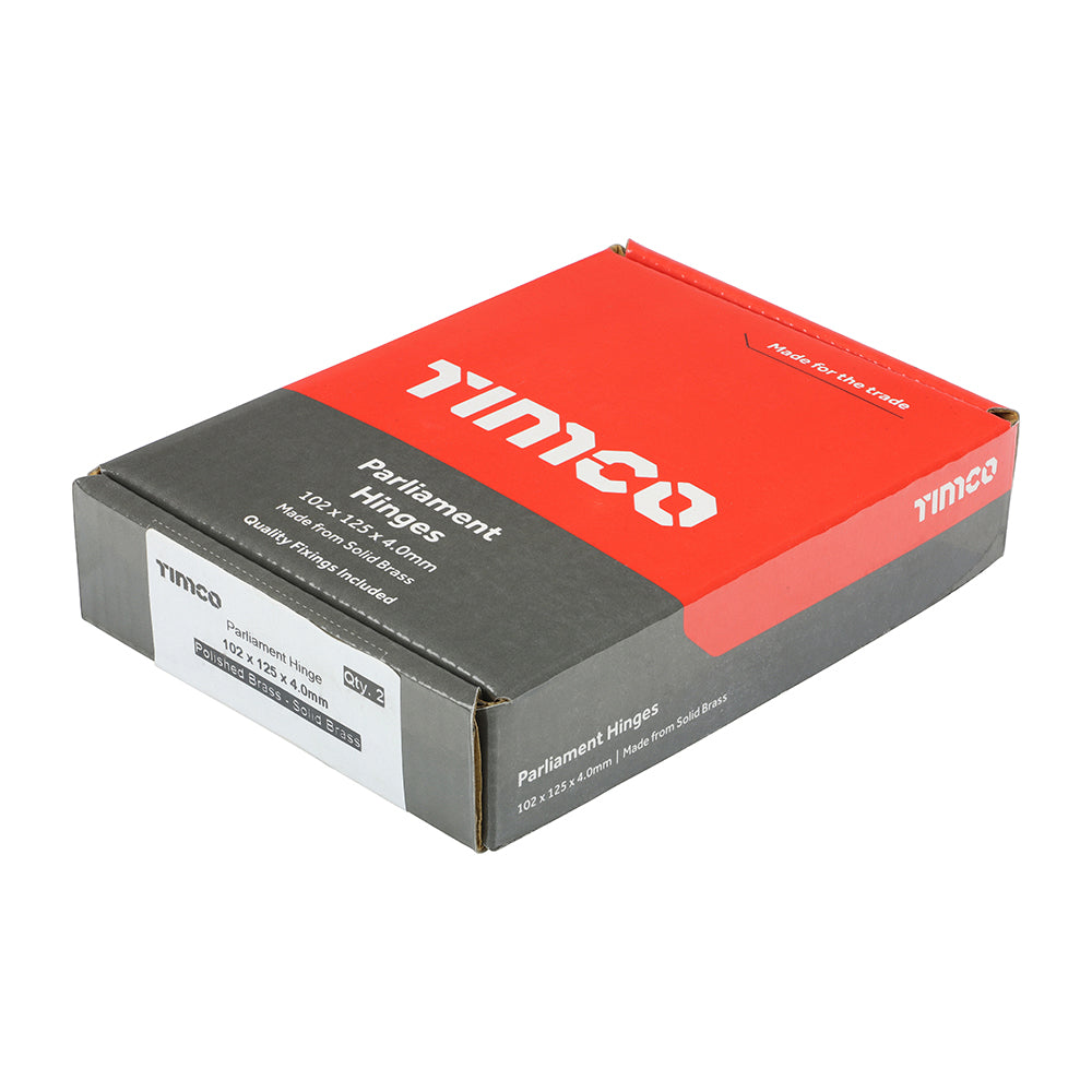 This is an image of Timco - Parliament Hinge (488) - Solid Brass - Polished Brass 102 x 125 (1 Pairs Box) 234297