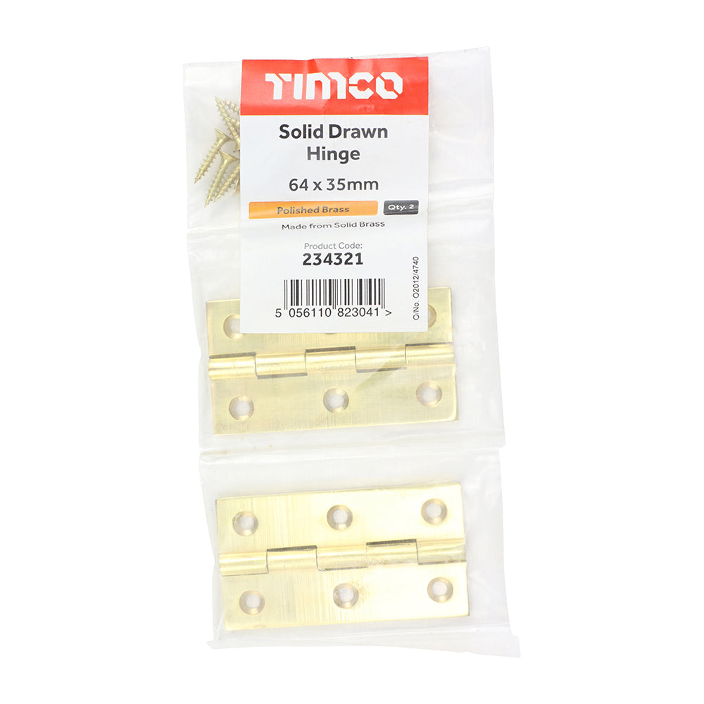 This is an image of Timco - Solid Drawn Hinge - Solid Brass - Polished Brass 64 x 35 (1 Pairs Bag) 234321