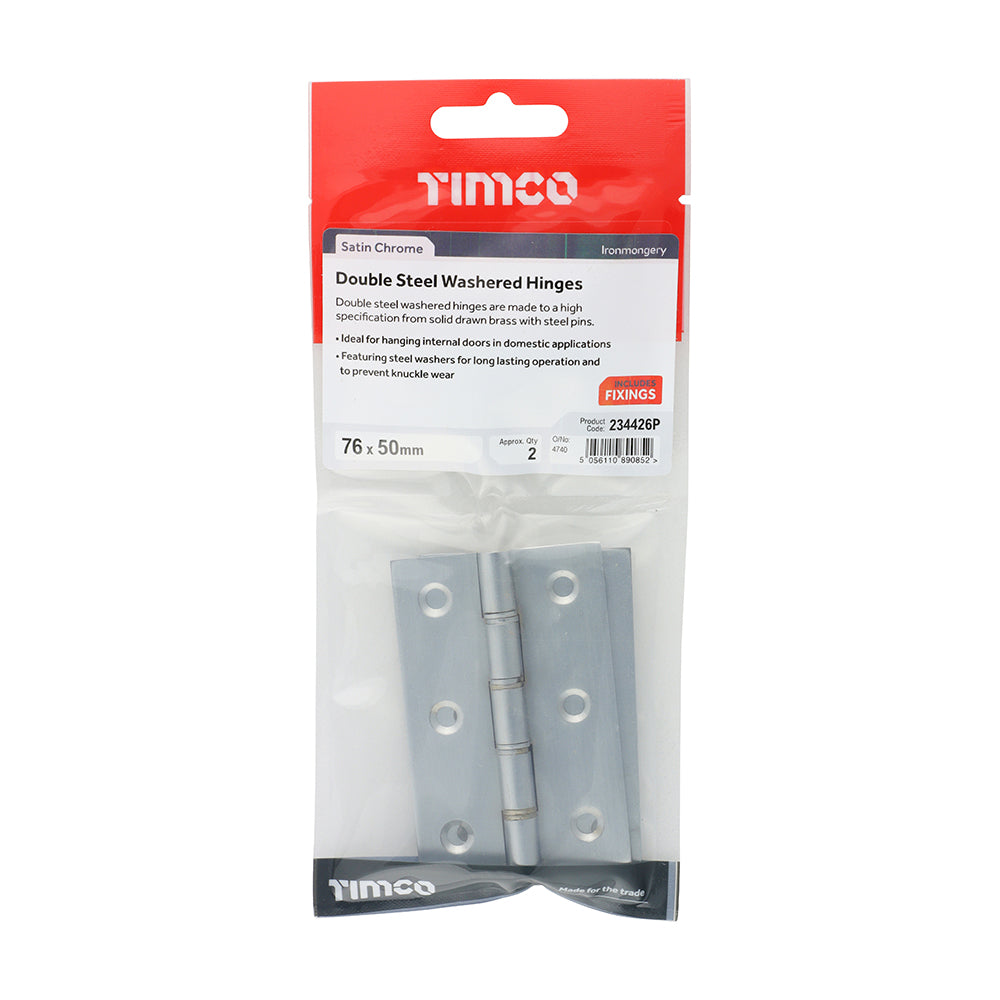 This is an image of Timco - Double Steel Washered Butt Hinge - Solid Brass - Satin Chrome 76 x 50 (1 Pairs TIMpac) 234426P