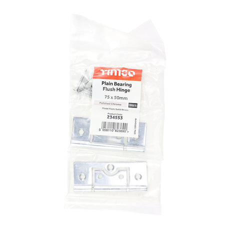 This is an image of Timco - Plain Bearing Flush Hinge - Solid Brass - Polished Chrome 75 x 50 (1 Pairs Bag) 234553