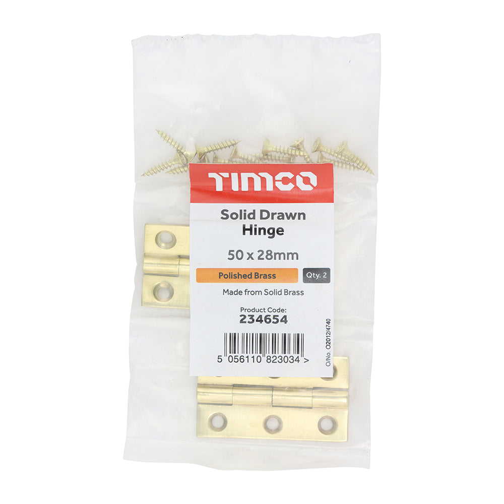 This is an image of Timco - Solid Drawn Hinge - Solid Brass - Polished Brass 50 x 28 (1 Pairs Bag) 234654