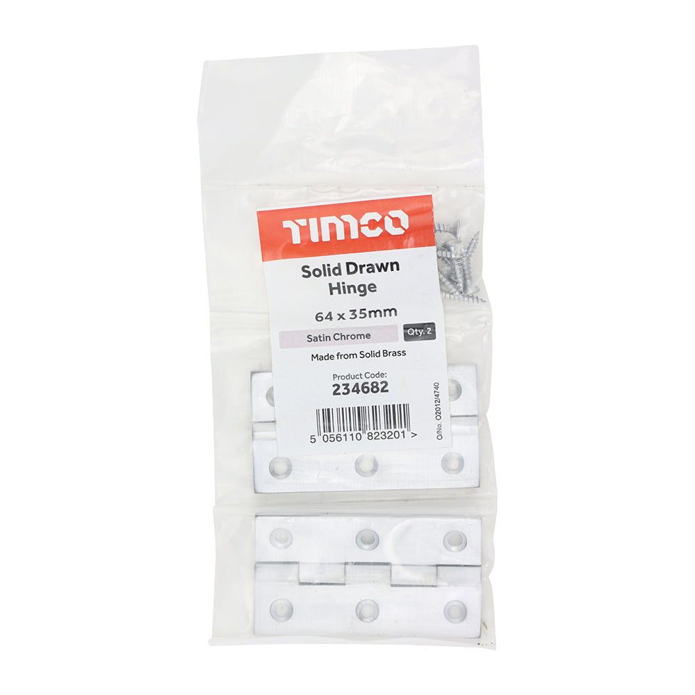 This is an image of Timco - Solid Drawn Hinge - Solid Brass - Satin Chrome 64 x 35 (1 Pairs Bag) 234682