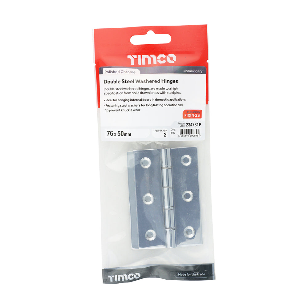 This is an image of Timco - Double Steel Washered Butt Hinge - Solid Brass - Polished Chrome 76 x 50 (1 Pairs TIMpac) 234731P