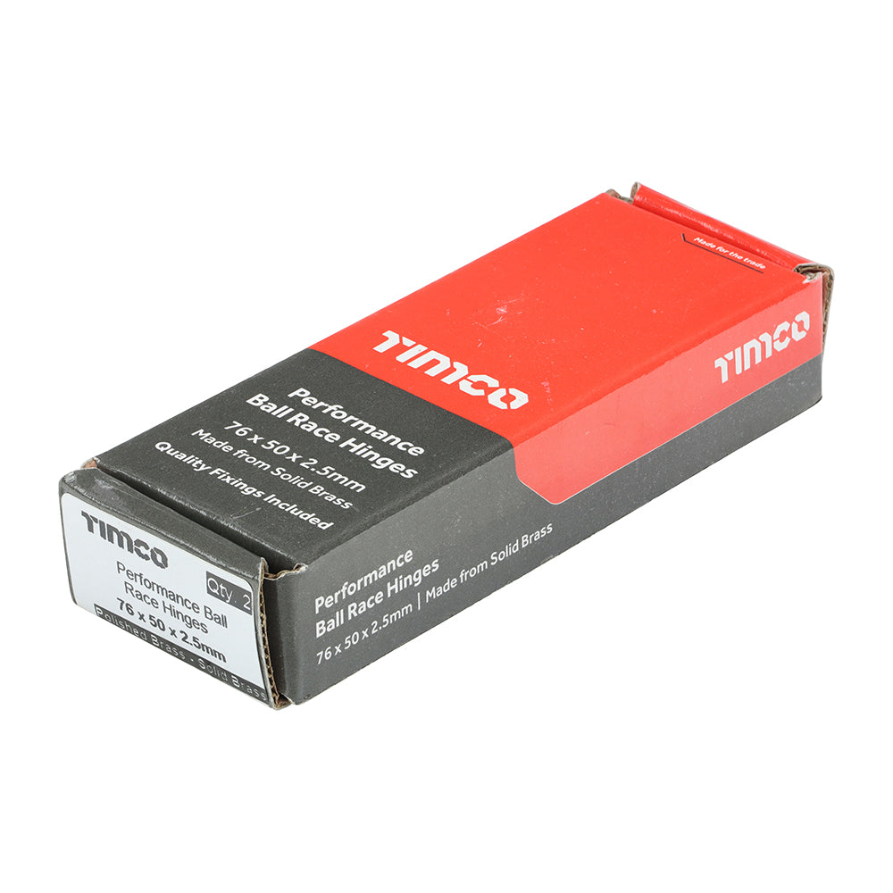 This is an image of Timco - Performance Ball Race Hinge - Solid Brass - Polished Brass 76 x 50 (1 Pairs Box) 234953