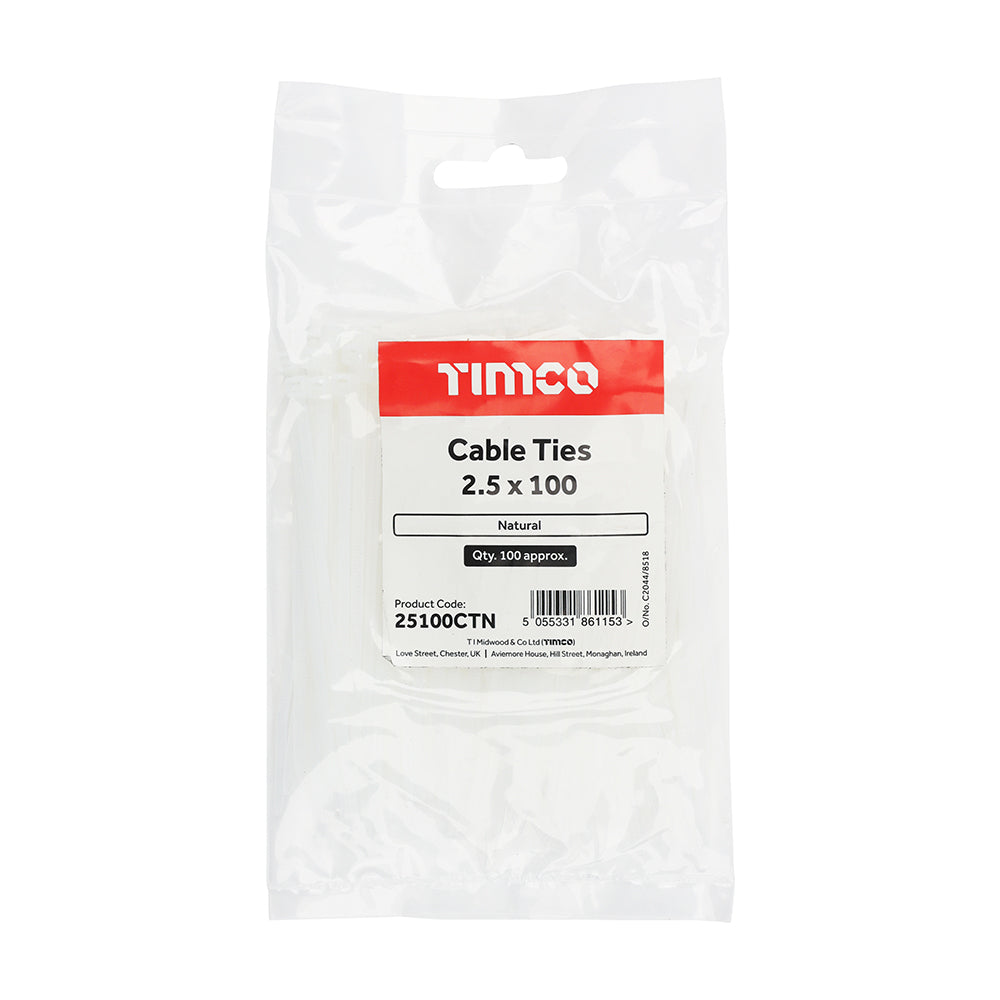 This is an image of Timco - Cable Ties - Natural 2.5 x 100mm - (100 PCS Bag) 25100CTN